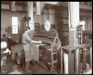 Interior View of a Man Working with Leather at the New York Leather Belting Co., New York, 1906